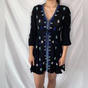 Free People Stargazer Black & Blue Embroidered Tunic Mini Dress Size Medium